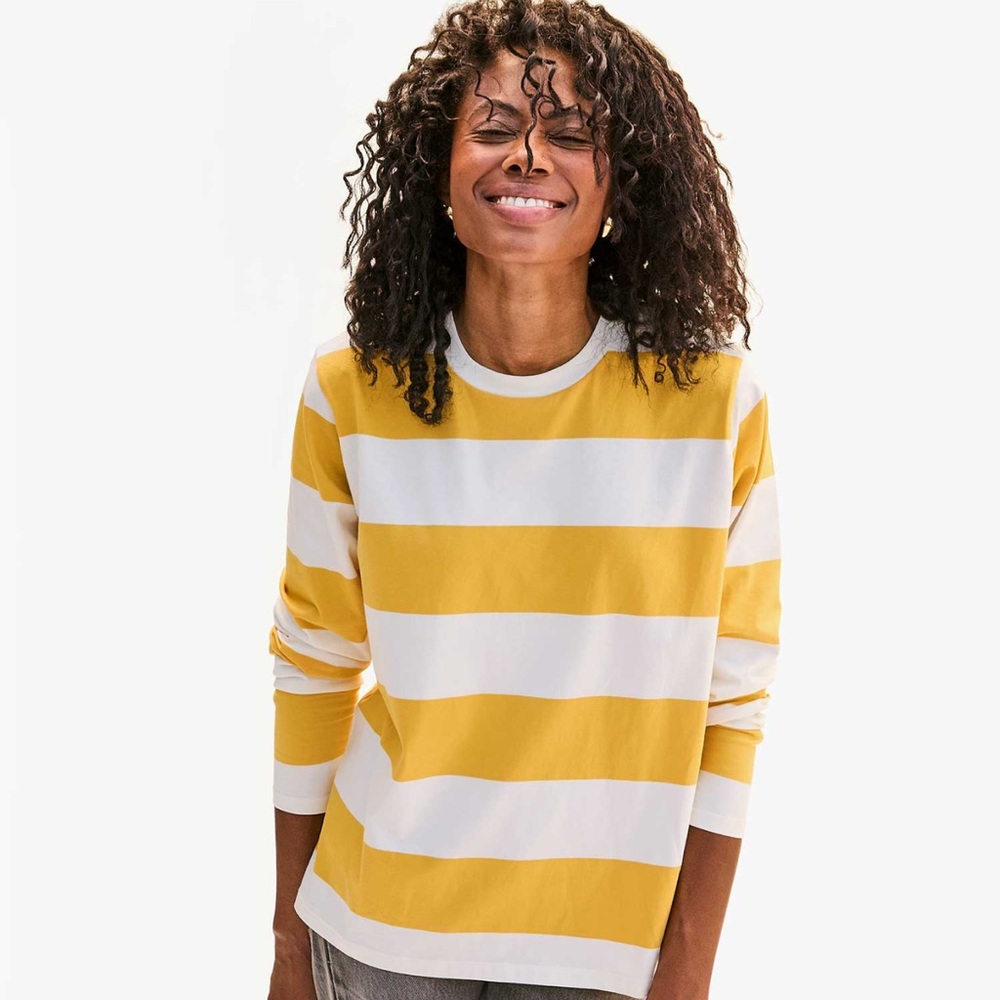Clare V White Tee with Yellow Stripe and Red Text